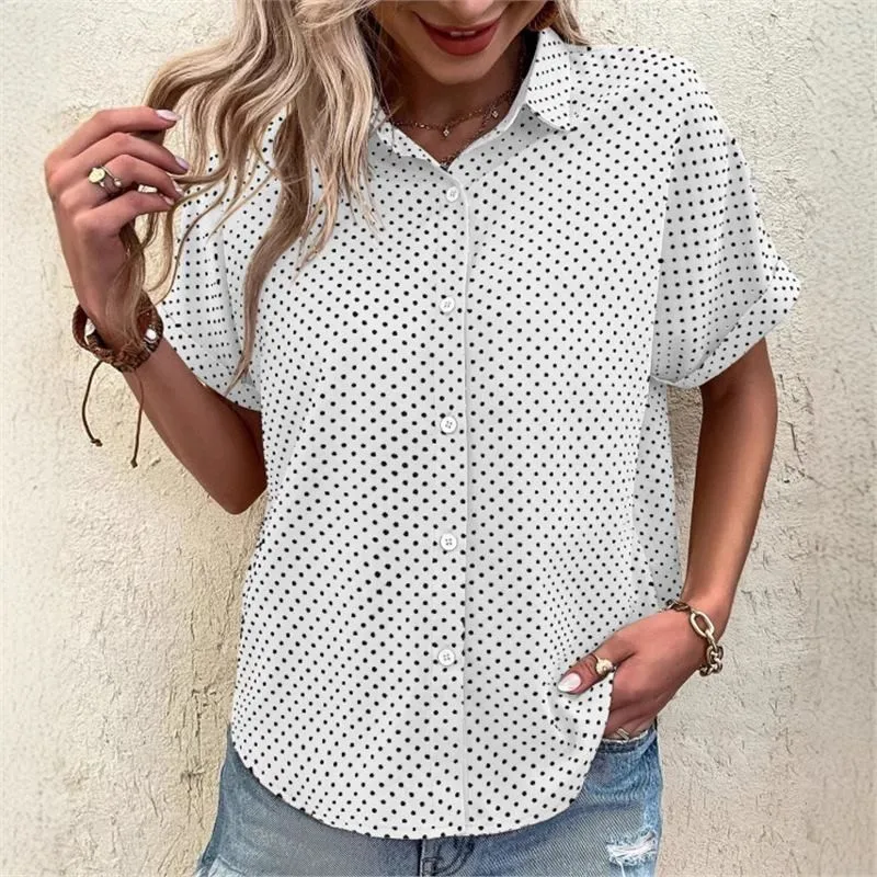 Polka Dot Short Sleeve Shirt Regular Fit Casual with 3D Pattern Spring Commuter Style Printed Pattern Shirt Collar Women Blouse