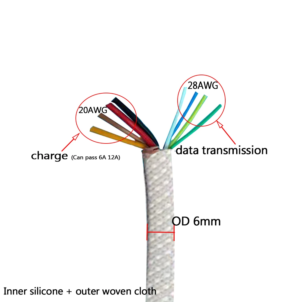 DIY Hand-woven 8 core Fabric Data Charge Cable OD 6mm 6A 12A Silicone Mobile Phone PD Fast Charge Wire for Iphone /6ATYPE-C