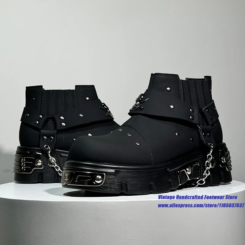Men Matte Black Leather Gothic Chelsea Ankle Boots Skull Cross Metal Buckle Studded Rivets Side Metal Chain Motorcycle Boots