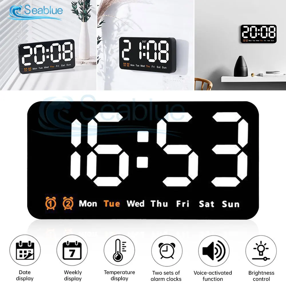 Electronic Wall Clock Temperature Date Display Table Clock Wall-mounted Digital LED Alarm Clocks for Home 12/24H Voice Control