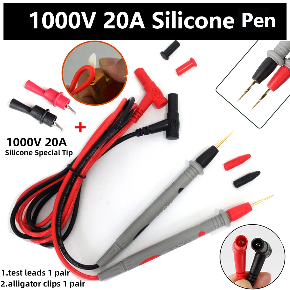 1000V 20A 1 paio di sonde per Multimetro digitale Soft-silicone-wire aghi-tip cavi di prova ordinari con Clip a coccodrillo per Multimetro.