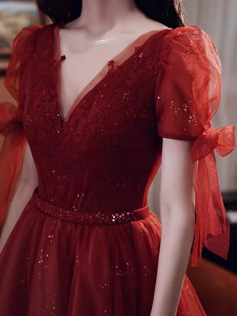 Wine Red Cocktail Dresses V-Neck Ribbon A Line Puff Sleeve Tulle Sequin Beaded Gown Prom Party Bridal Toast Clothing Robe De