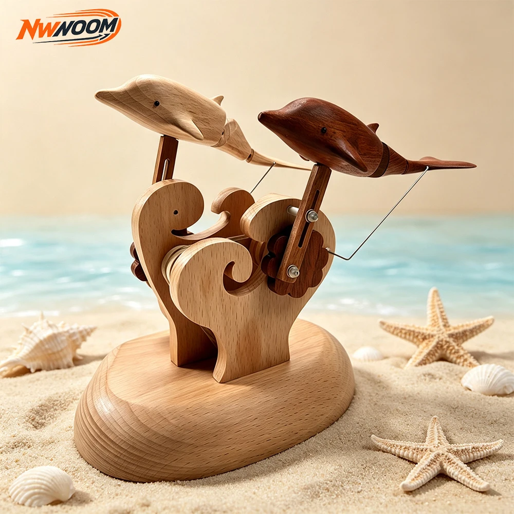 Wooden Dolphin Figurine USB Charging Mechanical Automata Hand‑Carved Wood Statue Desktop Ornament Creative Home & Office Gift