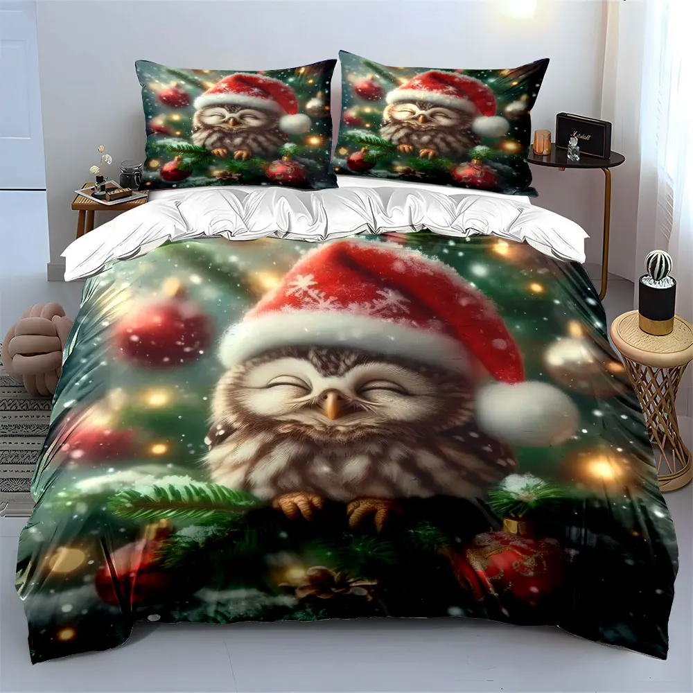 Festive Owl in Santa Hat on Decorated Pine Print Duvet Cover Bedding Set Included 1*Duvet Cover 2*Pillowcases Luxury gifts