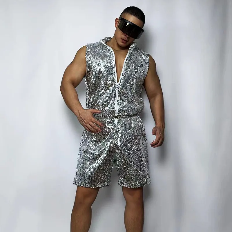 

Gold Silver Sleeveless Zipper Jumpsuit Male Jazz Hip Hop Dance Overalls Costume Bar Nightclub DJ Gogo Performance Stage Wear