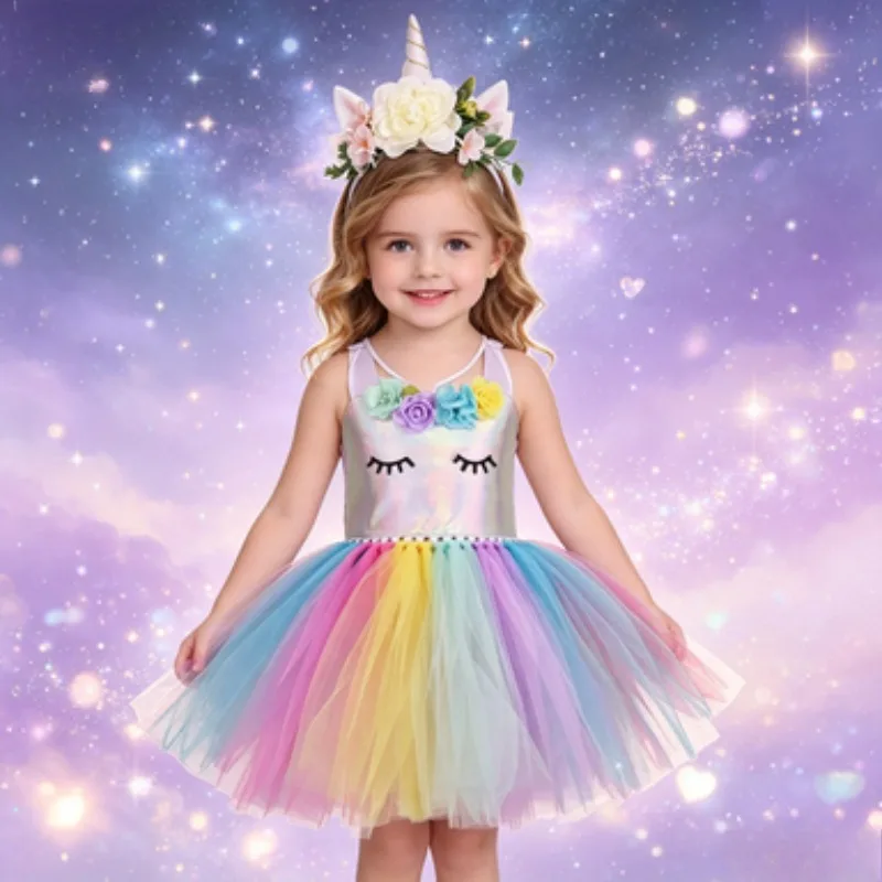 

Children's Unicorn Theme Colorful Tulle Tutu Skirt with Flower Headband, Halloween Holiday Party Stage Performance Costume