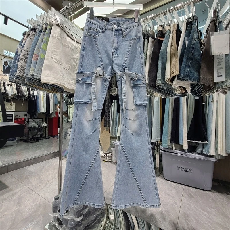 

Осень 2021, новый стиль, ретро, пикантная джинсовая пряжка для девочек, ремень с пряжкой, карманный дизайн, модные брюки-клеш