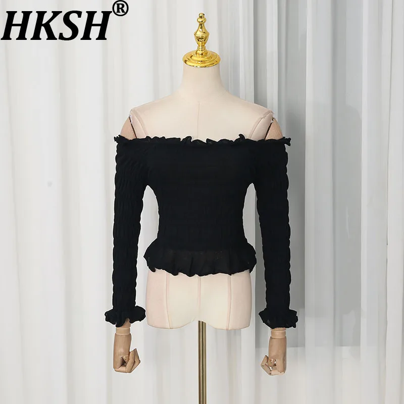 HKSH Autumn New Women Long Sleeve T-shirt Elegant Dark Pleated Patchwork Off Shoulder Design Slimming Waist Cinching Top HK26673