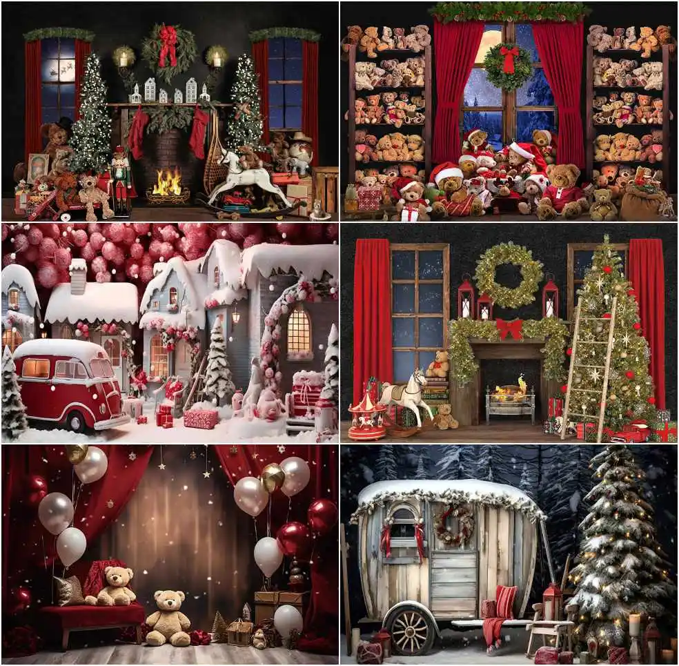 

Avezano Christmas Backdrop for Photography Winter Santa Claus Workshop Fireplace Winter Xmas Tree Family Portrait Photo Props