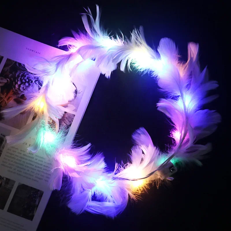 Christmas Blinking Light LED Flower Feather Wreath Headbands Neon Angel Halo Party Wedding Birthday Gift Club Bar Decor