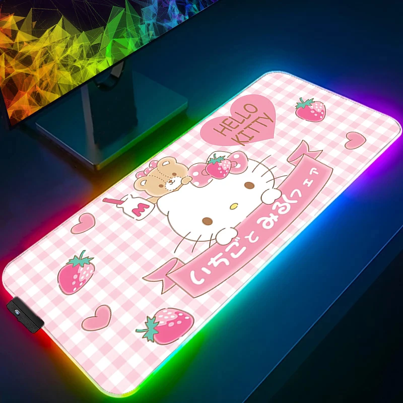 لوحة ماوس LED Hello Kitty Edge White لوحة مفاتيح الكمبيوتر الخلفية السجاد ملحقات الألعاب الكبيرة RGB Mousepad PC Gamer Desk Mat #1