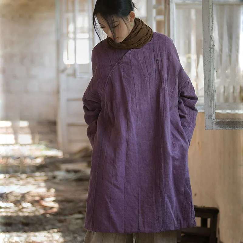 

Winter Ramie Wrinkled Feeling Tie-Dye Texture Padded Robe Womens Literary Simple Warm Leisure Medium Long Pullover Jacket Parka