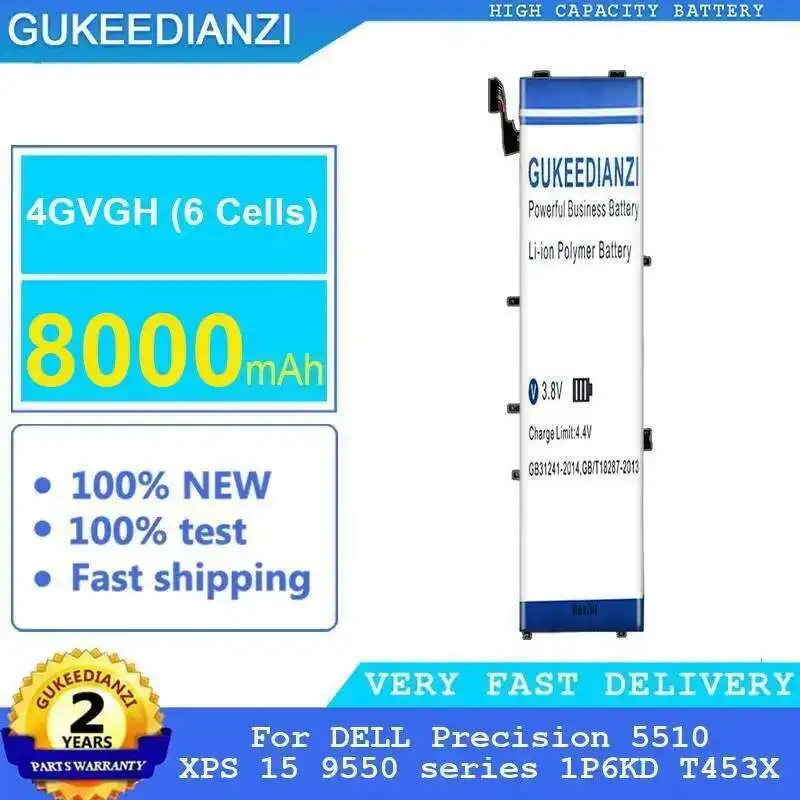 

Long Lasting 4GVGH 6 Cells Laptop Battery For Dell Precision 5510 Xps 15 9550 Series 1P6KD T453X 8000Mah