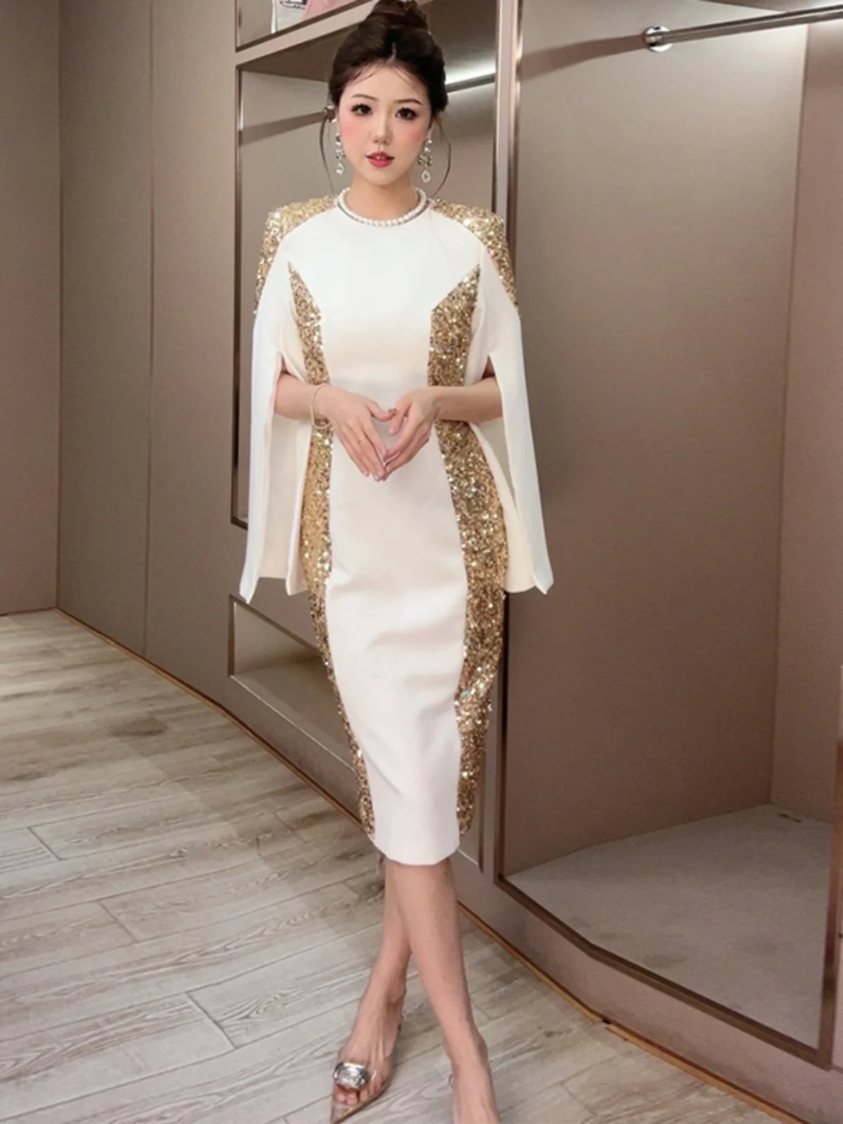 Host banquet evening dress skirt autumn new commuting temperament sequin slim dress female