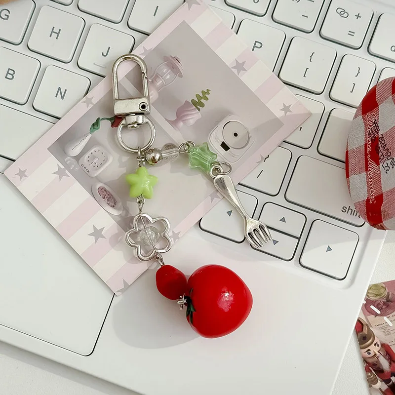 Kawaii Red Tomato Cutlery Beaded Phone For iphone Samsung Xiaomi Redmi Chain Pendant Universal Accessory Chain Lanyard Gift