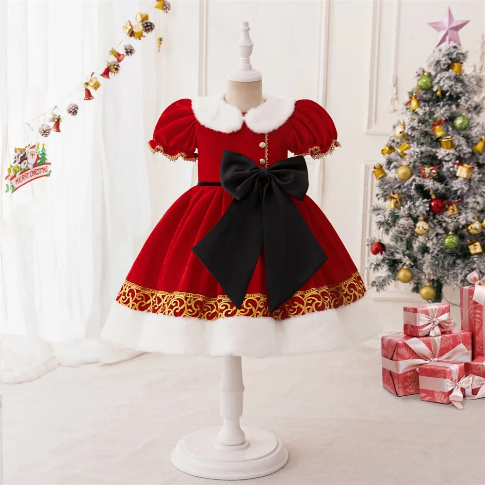 Girls Red Winter Christmas Party Dress Princess Gown Kids Fluffy Big Bow New Year Gift Girl Christening Clothes Young Costumes