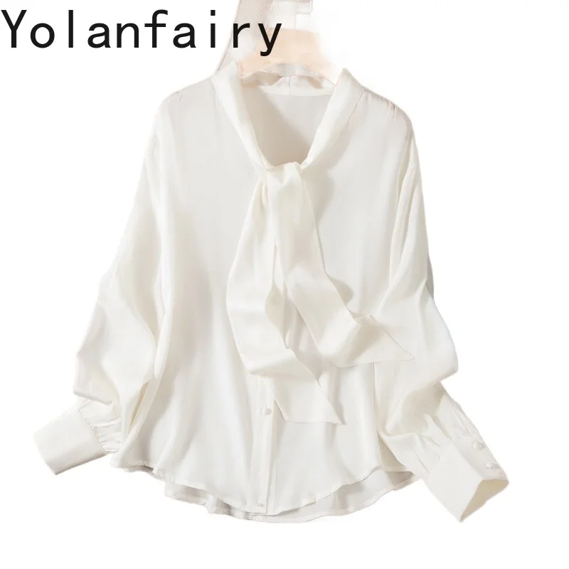 

YOLANFAIRY 93% Real Mulberry Silk Shirts for Women Spring Summer Elegant Long Sleeve Tops Fashion Bow Blouses Woman White Shirt