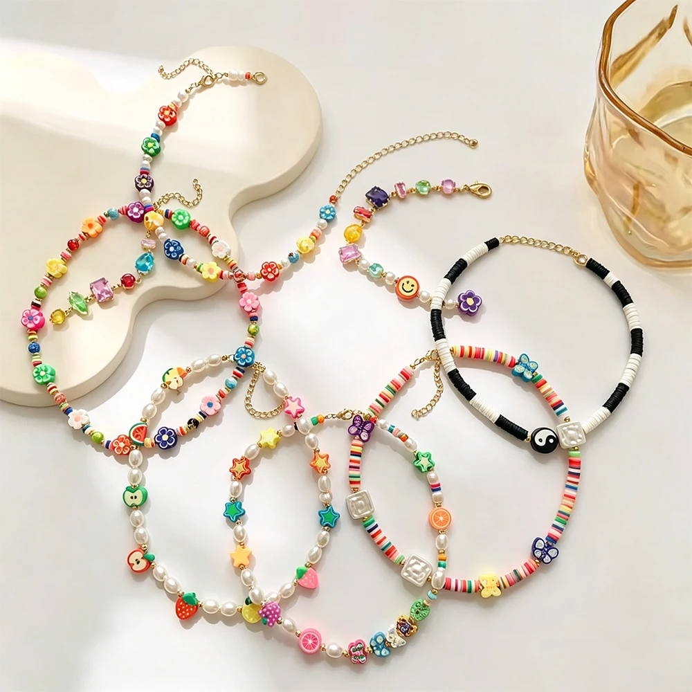 Fashion Boho Multicolor Handwoven Seed Beads Beaded Flower Choker Trend Y2K Imitation Pearl Collar Necklace Women Summer Jewelry