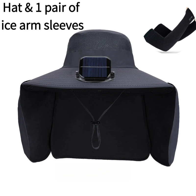 Solar Fan Sun Hat + Arm Sleeves Set, Outdoor Full Face & Neck Protection Cooling Essential, IdealFor Fishing And Cycling