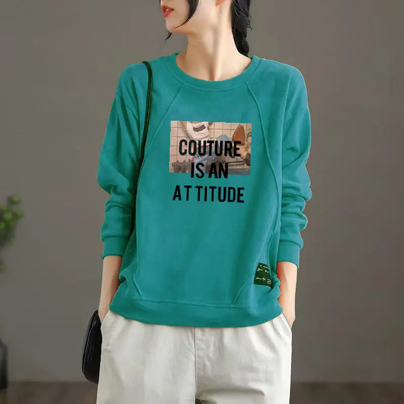 Women\'s Clothing Spring Autumn Pullover Lantern Long Sleeve Letter Geometric Round Neck Printing Hoodies Office Lady Casual Tops