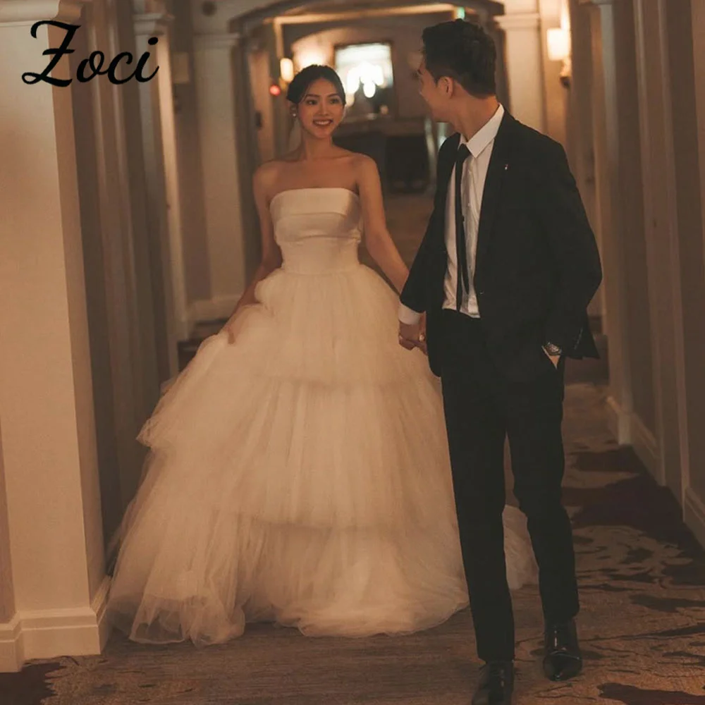 

Zoci Elegant Strapless Korea Wedding Dresses Satin Tulle A Line Customized Photos Shoot Sweep Train Backless Bridal Gown