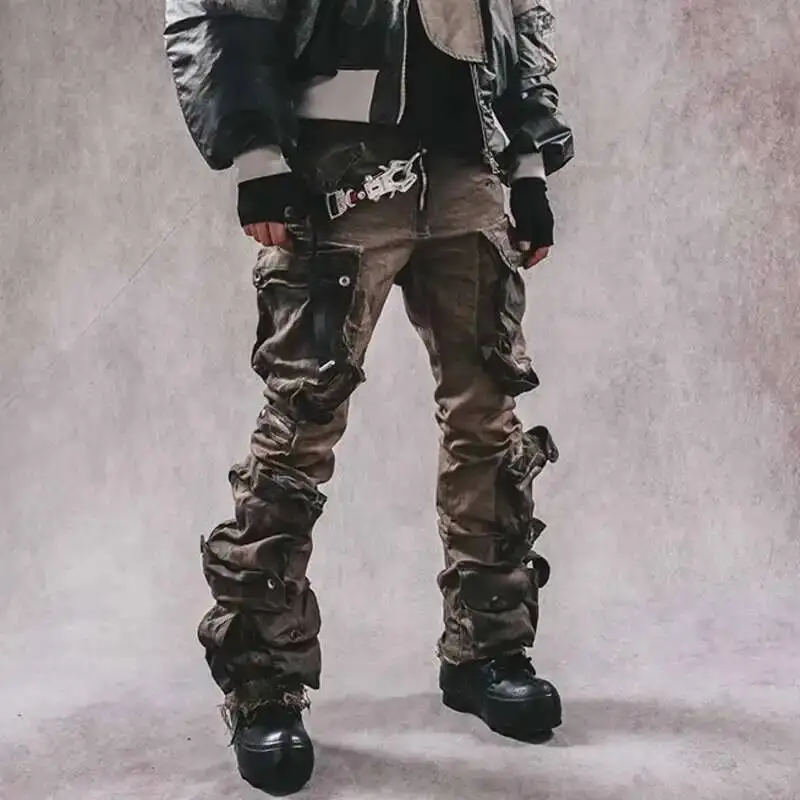 HKSH Heavy Craft Waste Land Washing Multi Pocket Micro Rage Elastic Slim Fit Casual Cargo Pants Men's Punk Tide Overalls HK0814