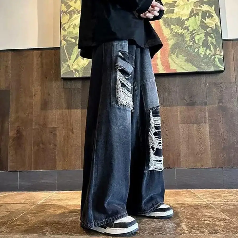 

Vintage High Waist Denim Ripped Holes Pants Jeans Men Fashion Loose Wide Leg Straight Pants Y2k Washed Streetwear Men Trousers