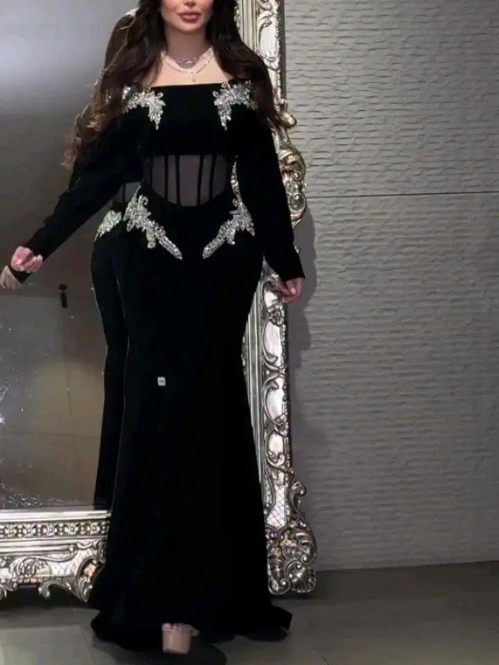 

Black Mermaid Crystal Long Sleeve Prom Dresses Long for Arabic Women 2025 Beading Corset Formal Evening Gowns Customized
