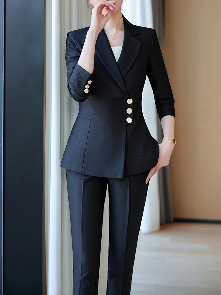 High Quality Fashion Red Navy Black Ladies Pant Suit Women Female Work Wear Formal Jacket Blazer and Trouser 2 Piece Set