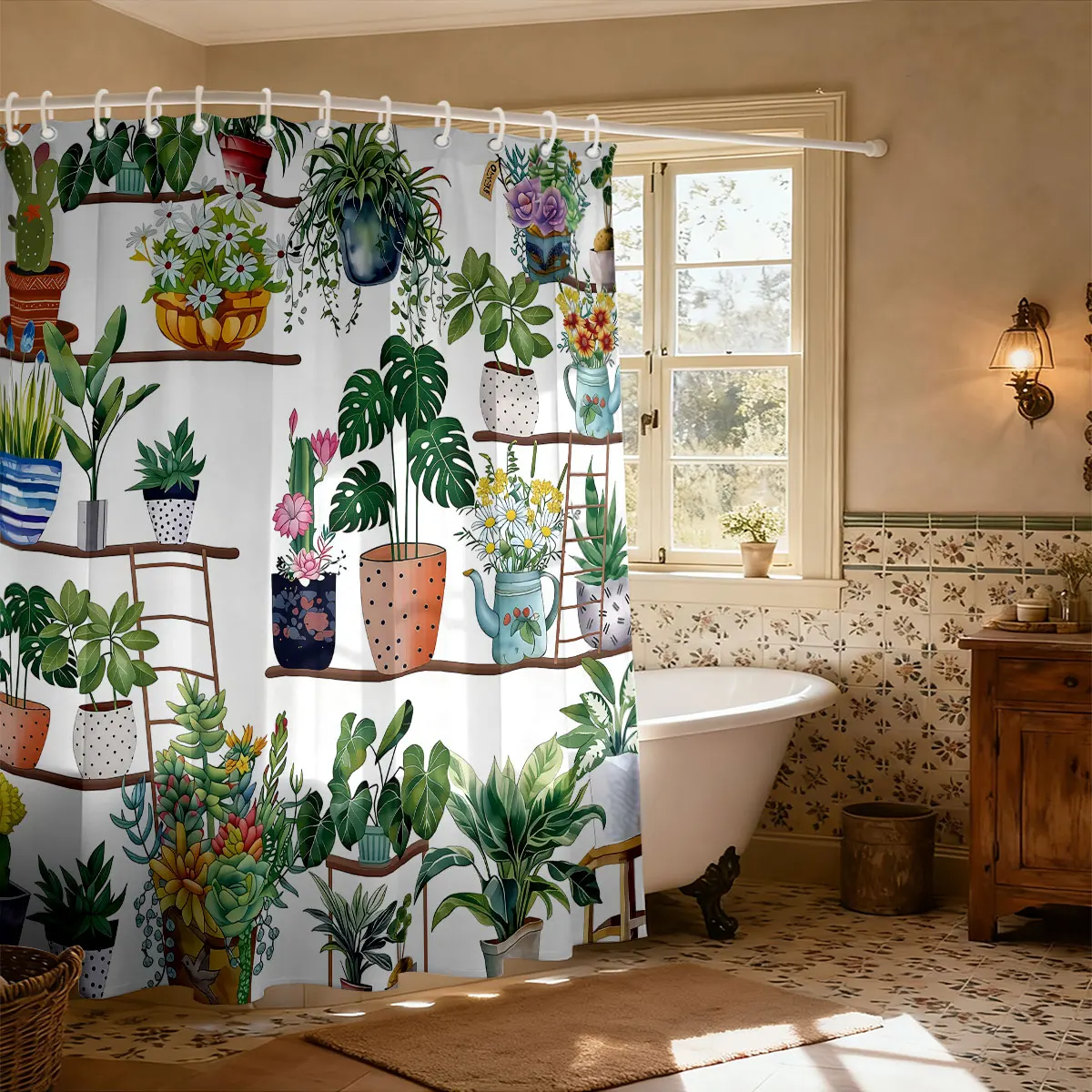 

1pc Green Plant Flower Pot Print Shower Curtain Multiple Size Partition Privacy Hanging Curtain 12 Hook Home Bathroom Decoration