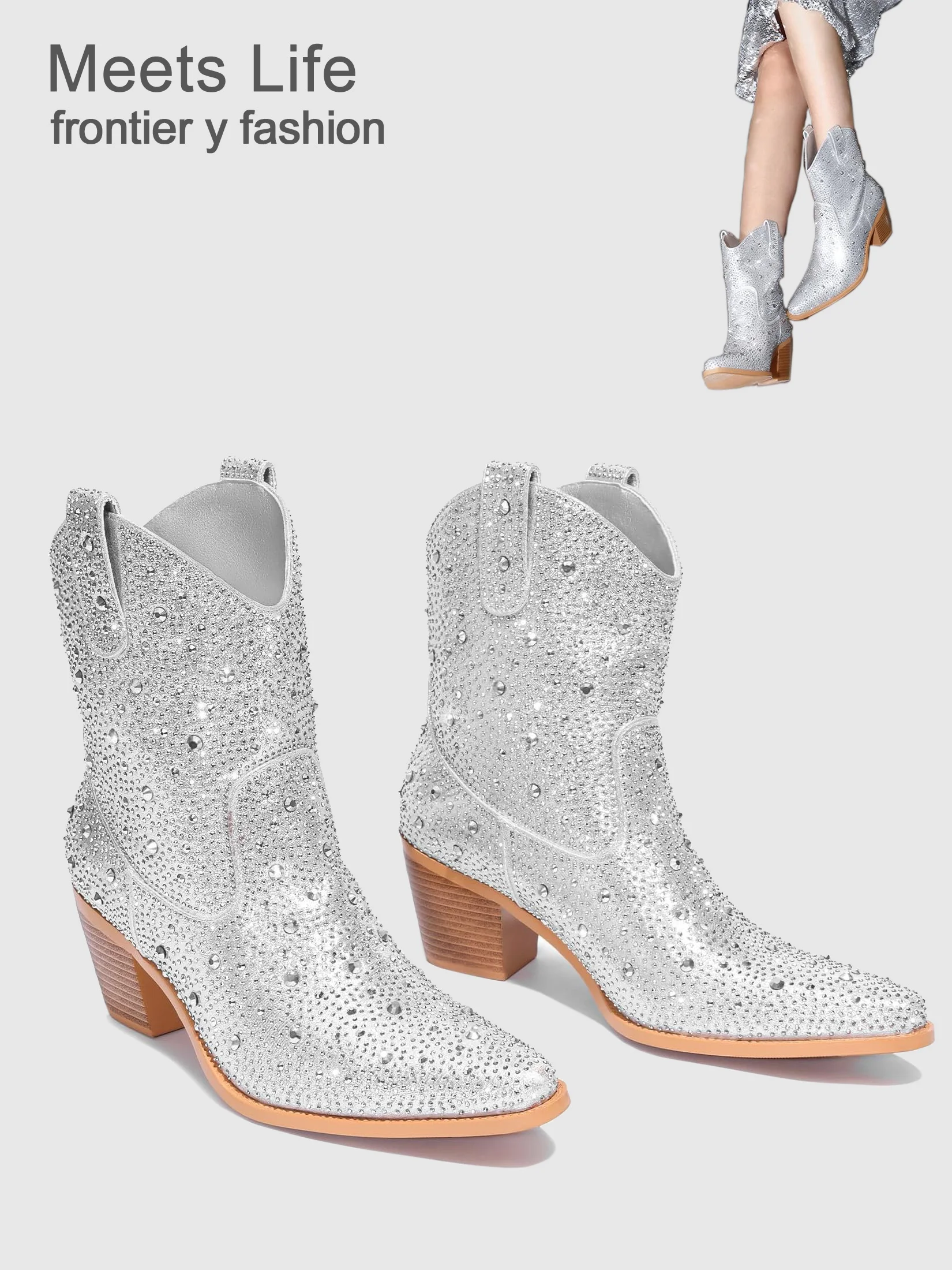 Ankle Silver Rhinestone Cowboy Boots for Women - Sparkly Cowgirl Boots Wide Calf Glitter Bling Women's Western Boots Mid Calf Kn