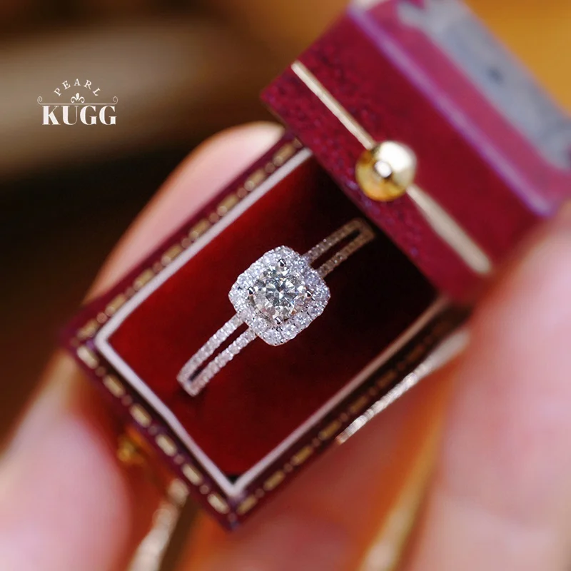 KUGG 18K White Gold Rings Luxury Square Design Real Natural Diamond Engagement Ring for Women Wedding Shiny High Jewelry