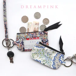 Women ID Badge Holder Ethnic Cotton Fabric Neck Strap Zip Coin Purse Exotic Credit Card Bag Female Key Ring Mini Lanyard Wallet