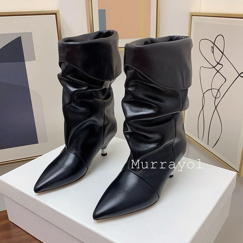 Pointed Toe Genuine Leather Mid-calf Boots Women Wrinkle Design High Heels Modern Boots Spring Autumn Fashion Runway Boots