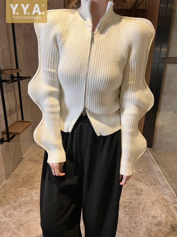 Design Long Sleeve Turtleneck Sweater Women Zip Elastic Slim Knitted Cardigan Casual Black White Female Spring Autumn Knitwear