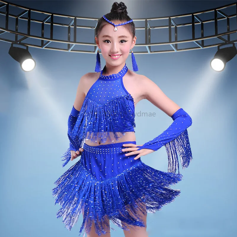 

Girls Sequin Fringe Latin Dance Dress Outfits Children Tango Ballroom Cha Cha Rumba Tassel Dance Dress Stage Performance Costume