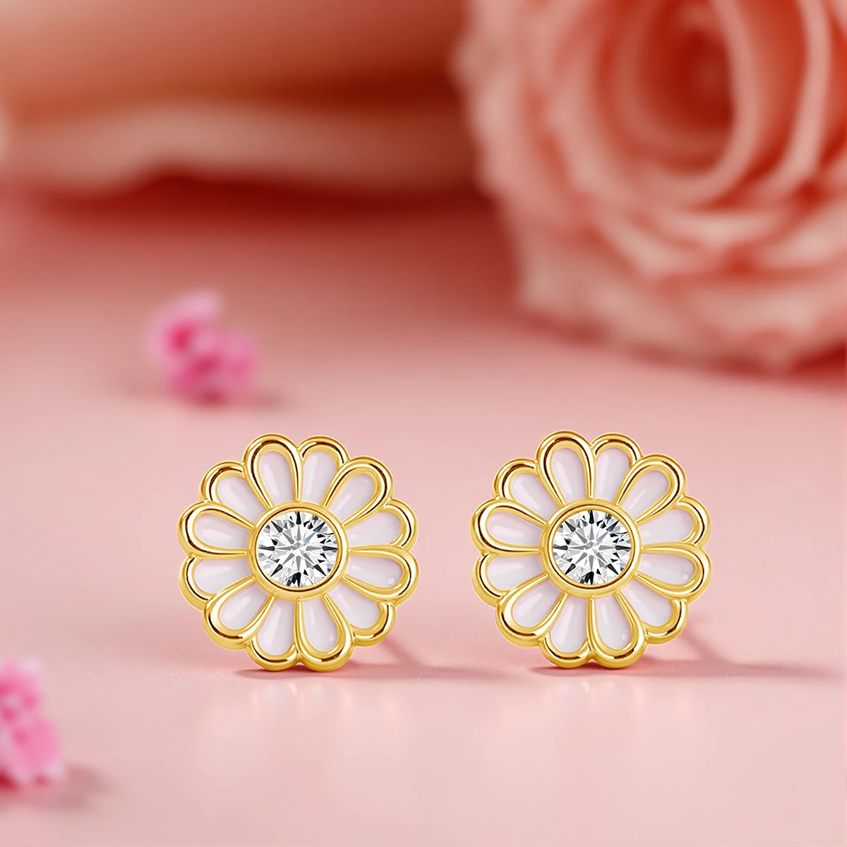 Cute 14K Gold Studs Natural Yellow Crystal White Enamel Daisy Stud Earrings for Women Au585 Girl Fine Jewelry