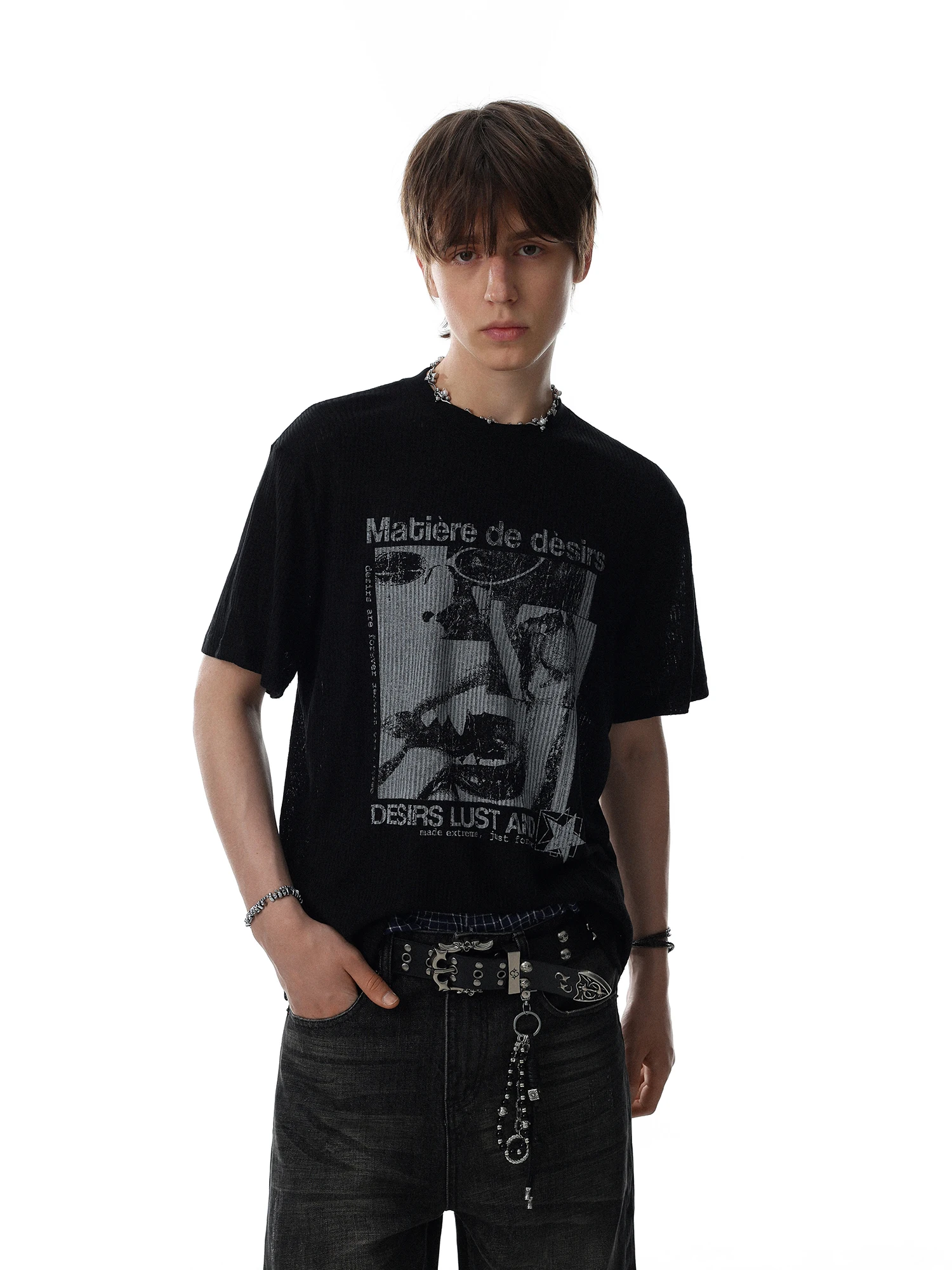 MRNEARLY American Retro Texture Fun Portrait Print Knitted Short Sleeve Men's T-shirt 2026 New Loose Fit Breathable Top