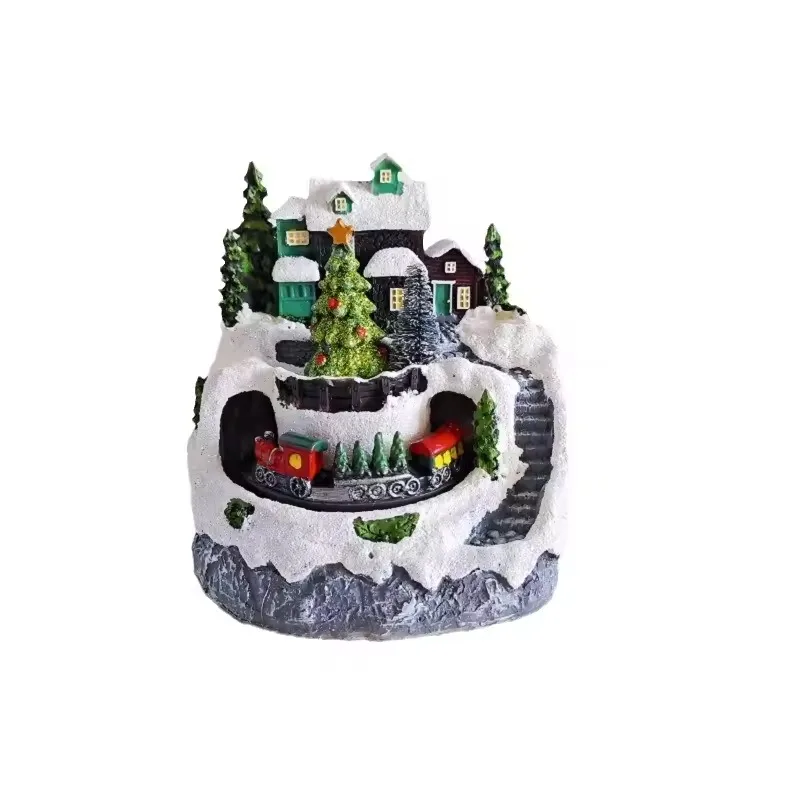 New model with music train will rotate Christmas resin ornament Christmas gift gift luminous house