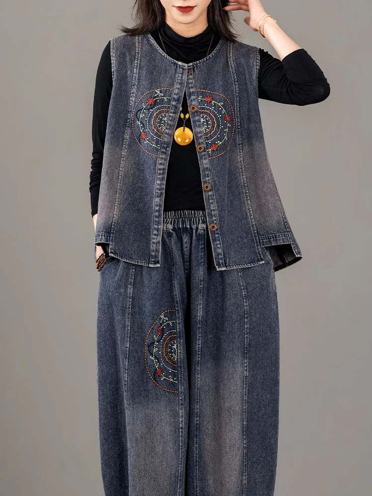 Max LuLu Autumn Outfits Womens Fashion Denim 2 Pieces Sets Embroidery Suits Loose Classic Vest Coats Vintage Jeans Casual Pants