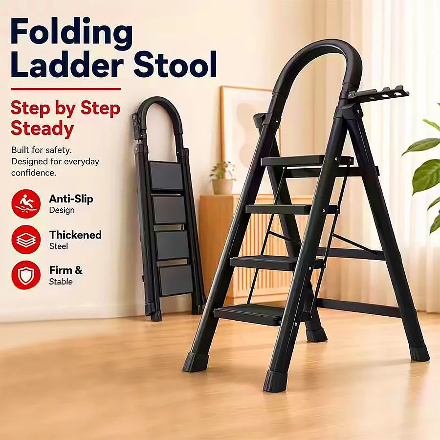 4-step - Heavy duty folding ladder, compact and foldable, saving storage space. Thick integrated metal frame with high load-bearing capacity and long service life. Wide anti slip steps, stable and comfortable standing. Very suitable for home, garage, and