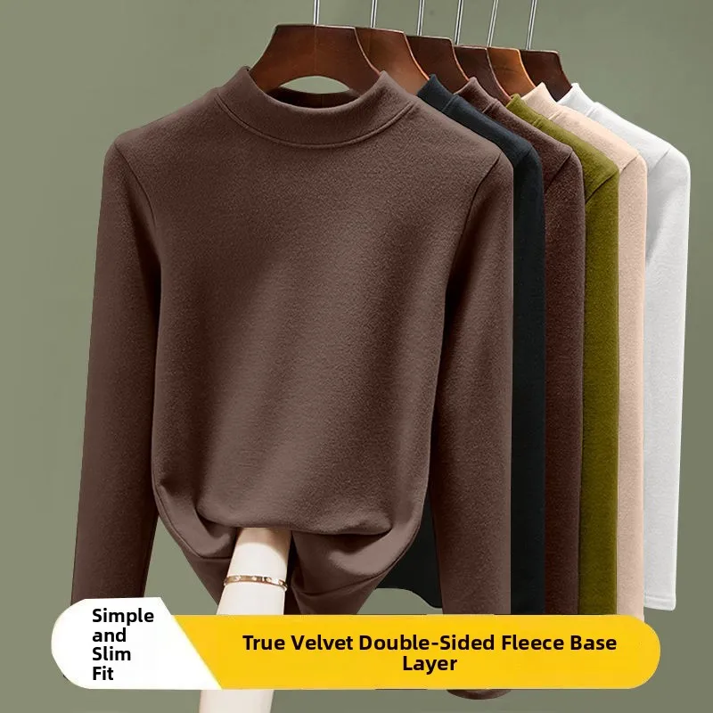 Women's Slim Fit Self-Heating Half High Collar Double Sided Velvet Base Shirt Korean Style Commute Fashion Winter Long Sleeve