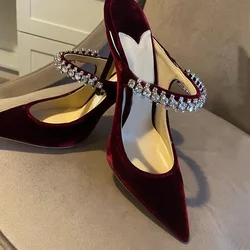 New Burgundy Velvet Crystal Strap High Heel Mules Pointed Toe Low Heels Dress Shoes Cut-outs Lady Party Celebrating Shoes