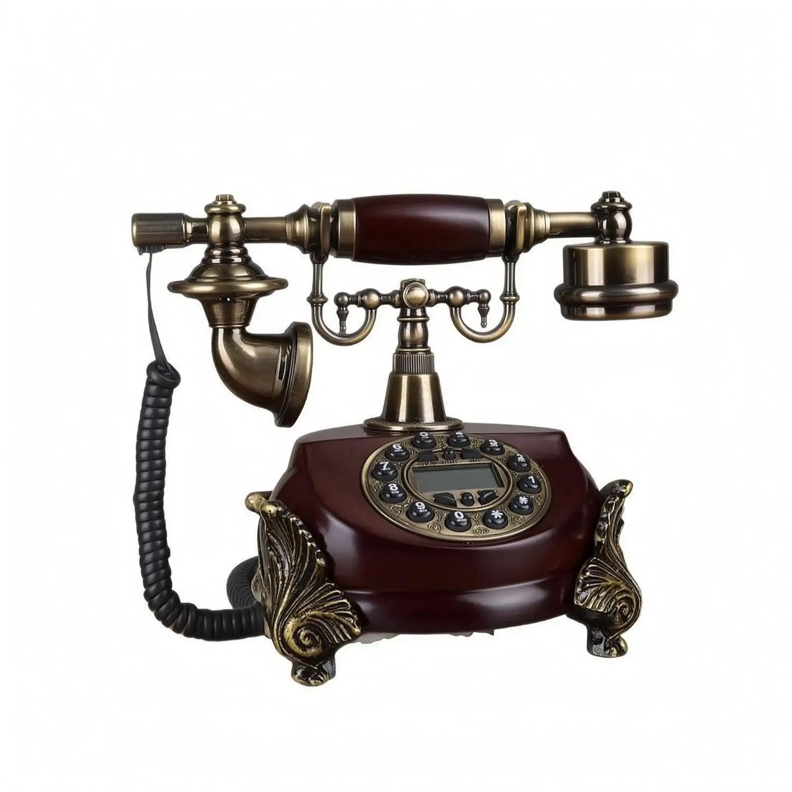 Antique-Style Corded Telephone Brass-Toned Decorative Push-Button Phone Ornate