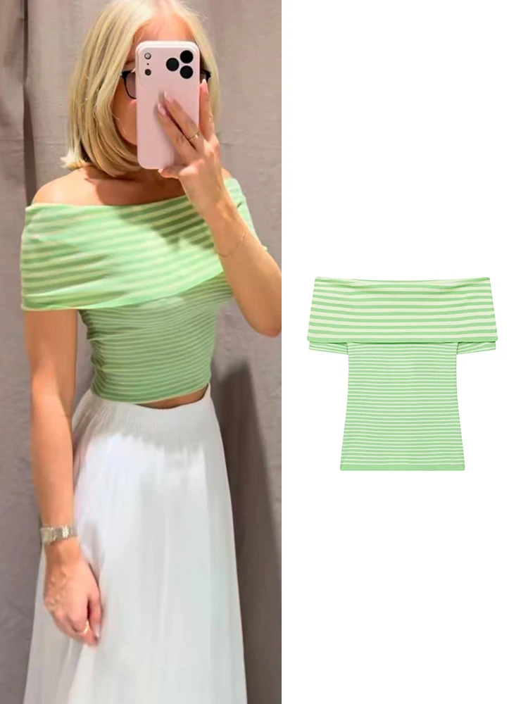 TFMLN Women Chic Slash Neck T-shirts Sexy Slim Fit Knitted Off Shoulder Tops 2026 Summer New Sleeveless Striped Female Blouse