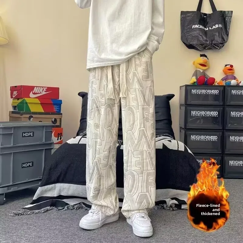 

Thiened Fce вельветовые теплые повседневные брюки мужские универсальные свободные длинные брюки для кампуса осень-зима дышащие прямые брюки