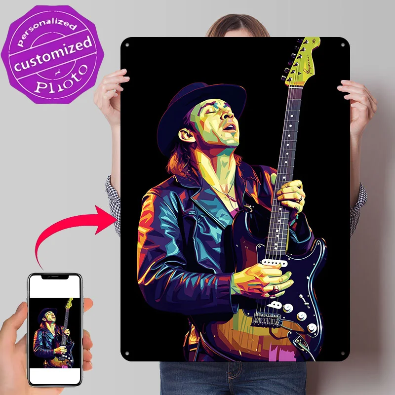 Stevie Ray Vaughan Portrait Personalized 3D Textured Metal Poster Wall Art Tinplate Sign for Wand Deko Home Decor Accessories