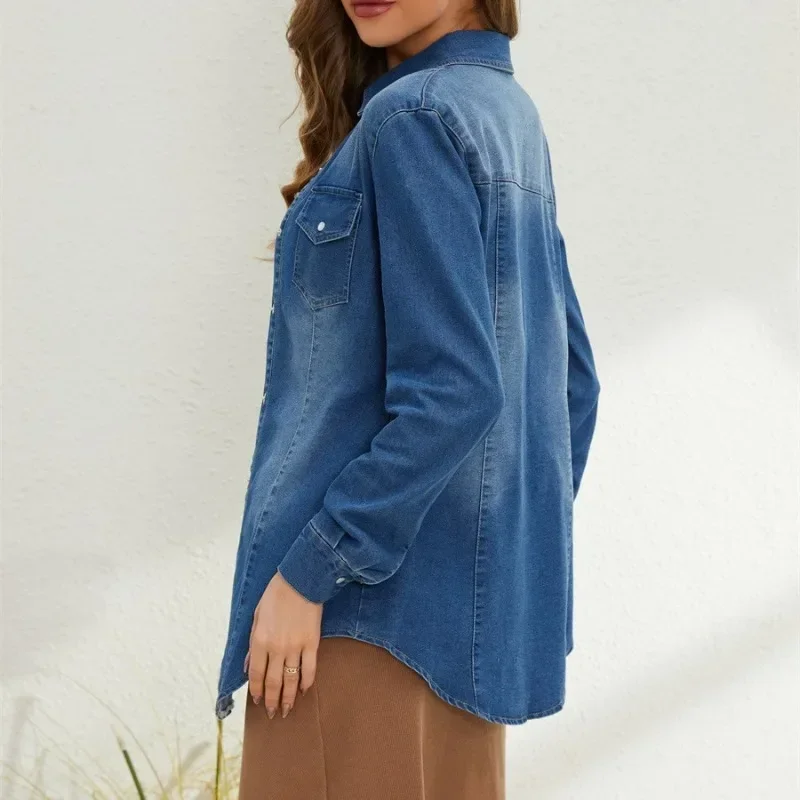 2024 Spring Summer Leisure Lapel Single Breasted Women's Slim Fit Slimming Commuting Retro Long Sleeve Denim Jacket