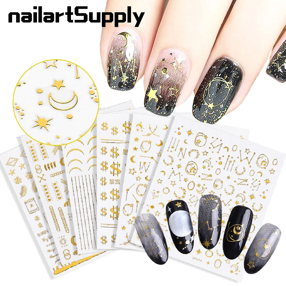 6Pcs 3D Nail Stickers Decals Adhesive Star Moon Sticker Gold/Silver Nail Art Foil Slider Manicure Art Applique Decors Accessorie