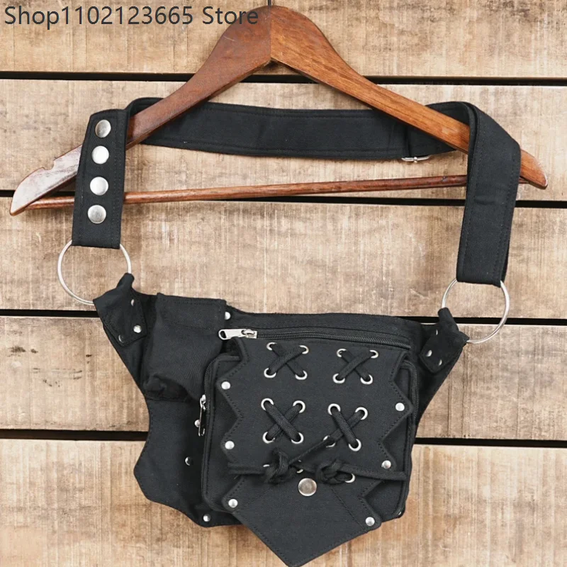 

2026 Gothic Black Canvas Waist Belt Bag Punk Lace Up Design Zipper Pocket Hip Pouch For Streetwear Cosplay And Festival Outfits